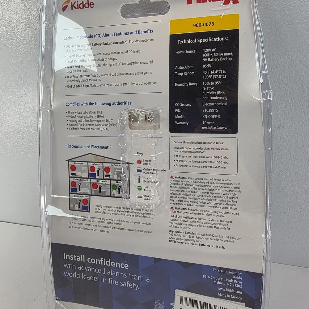 Kidde Firex Carbon Monoxide Alarm Plug In Digital Display 9 Volt‎ Battery Backup